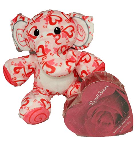 2 PC Valentines Day Gift Set – 5 Inch Pink and Red Swirl Pattern Mini Elephant Plush and 1.75 oz Russell Stover Chocolate Candy Heart