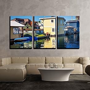 3 Piece Canvas Wall Art - Floating Home Village Yellow Brown Houseboats Fisherman - Modern Home Art Stretched and Framed Ready to Hang - 16"x24"x3 Panels