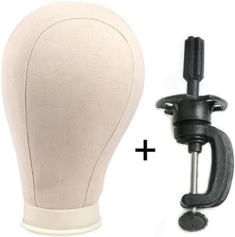 24" Canvas Block Wig Head and Stand Mannequin Head Wig Display Styling Head With Mount Hole Off-White (24"+clamp)
