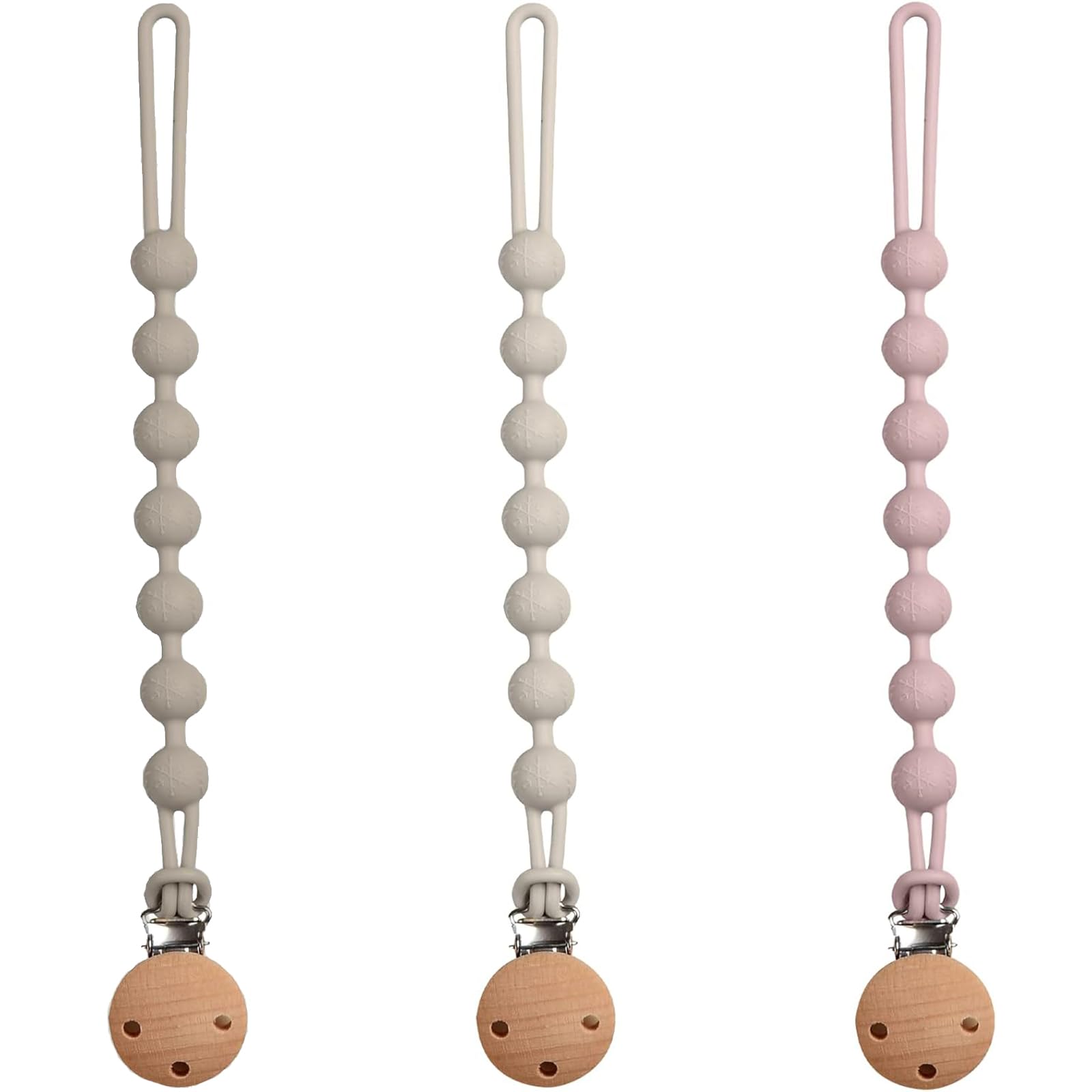 3 Pcs Dummy Clip, Silicone Dummy Clip, Bibs Dummy Clip, Suitable for Boys and Girls, Used to Prevent The Pacifier from Falling, Getting Dirty Or Lost(Beige, Pink, Gray)