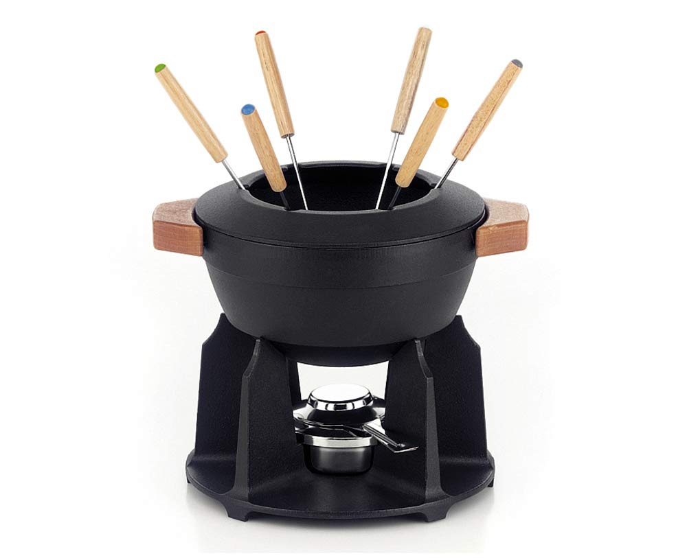 Le Creuset Enamelled Cast Iron Fondue Set, Include 2 Wooden Handles, Splash Guard, Rechaud and 6 Fondue Forks, 2 Litre Capacity, Black, 60612000000460