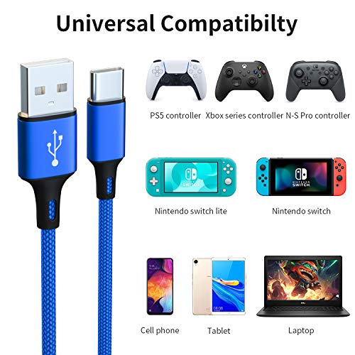 2 Pack 10FT Charging Cable for PS5 DualSense and Xbox Series X/S / Switch Pro Controller, Ackmioxy Charging Cord Nylon Braided Type-C Port Charger Accessories for Playstation 5/ Xbox Series S/X (Blue)