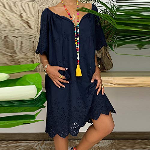 Witspace Women's Ladies Loose Solid Half Sleeve Lace V-Neck Knee Length Dress