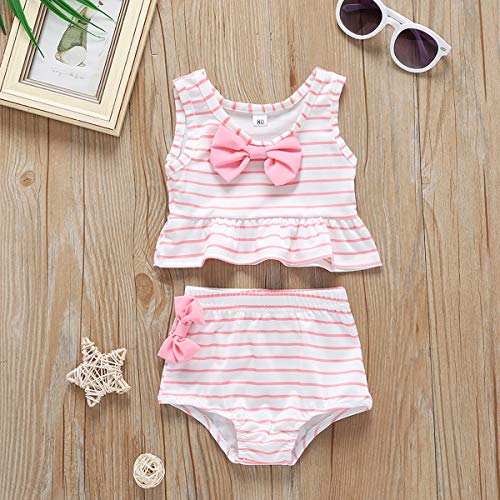 Baby Girl Bikini Striped Beach Swimsuit Ruffles Bathing Suit Adjustable Swimwear 2 Pcs Set (9-12 Months, Pink) - Thumbnail 2