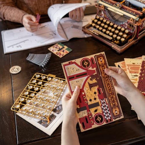 ROBOTIME Fairytale Wooden 3D Puzzle Writing Machine - Building Adult Model Kit, Mechanical Toy, Retro Office Decoration & Elegant Gift, LK703C (Orange)