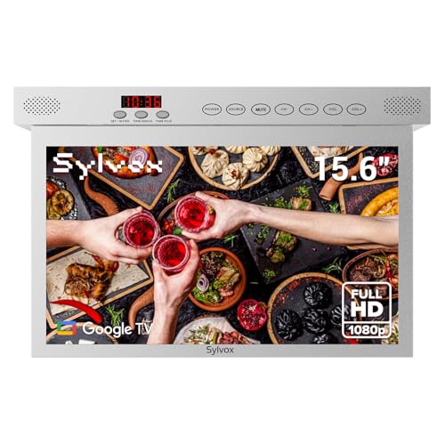 SYLVOX 15.6 inch Smart Under Cabinet TV, 1080P Kitchen Television 360°Rotation & 90°Folding, Built-in Timer, Screen Casting, Google Assistant, Flip Down TV for Kitchen, Bedroom, Campervan (Silver)