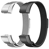 Oitom for Fitbit Alta HR Accessory Bands and for Fitbit Alta Band, Fashion Stainless Steel Milanese Loop Wristband (2 Pack Silver+Black, Large 6.7