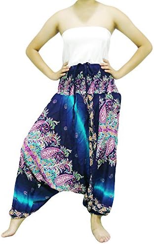 Loongcha's Women Harem Pants 2 in 1 Wearing Smocked Waist Yoga Aladdin (AA3-Blue Ocean)