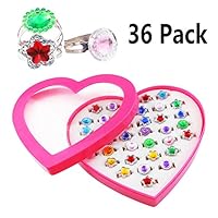 Kuqqi 36pcs Colorful Assorted Gem Star Rhinestone Adjustable Rings Display Case for Party Favors, Bridal Shower, Birthday, Adult & Children Size