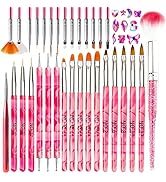 33PCS Pink Acrylic Nail Art Brushes Set, Include 3D Nail Art Brush, Detail Thin Liner Striping Br...