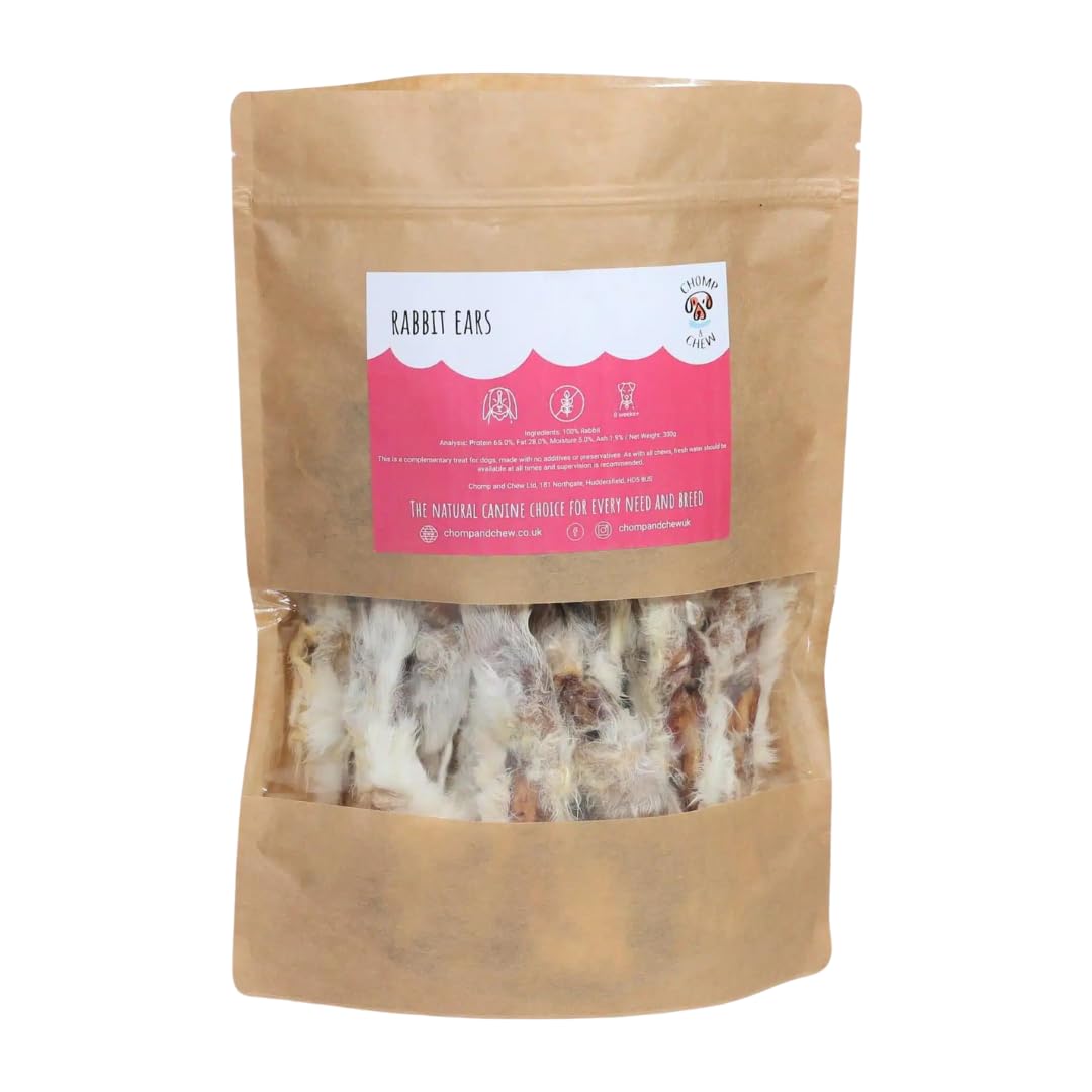Rabbit Ears for Dogs with Fur | Natural Air Dried Dog Chews | 100% Rabbit Single Protein Treat | Grain Free | High Protein | Long Lasting Chew by Chomp & Chew
