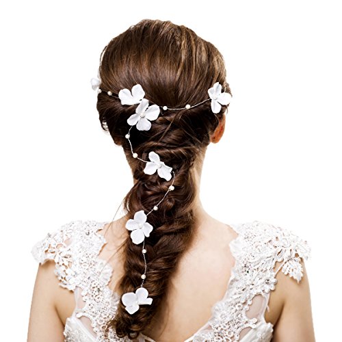Ever Fairy Womens Pearl Wedding Headband Bridal Headpieces Bridesmaid Hair Vine Flower Hair Accessories (White(One Pair))