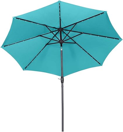 Amazon Com Ainfox 9 Ft Solar Patio Umbrella 32 Led Lighted With Tilt W Crank Adjustment 8 Steel Umbrella Ribs Outdoor Waterproof Fade Resistant Fabric For Garden Deck Backyard Pool Blue Garden Outdoor