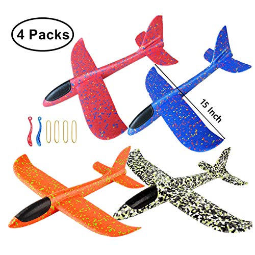 KINGSOO Glider Plane for Kids, 4 Pack 15 inch Glider Airplanes Foam Flying Airplane Kit for Outdoor Sports Garden Yard Playing-Orange+Blue+red+comflag