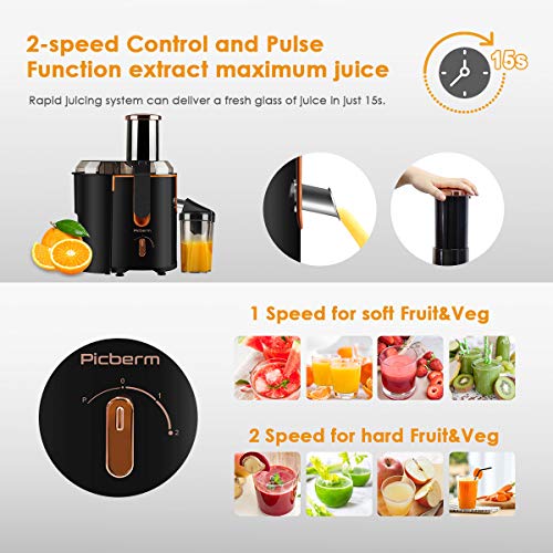 Juicer Extractor Picberm Wide Mouth Juicer Machines, 3 Speed Centrifugal Juicer for Fruit and Vegetable, Powerful Juicer with Plus Pulse Function, 800W/2000RPM, Easy to Clean & BPA Free, Black