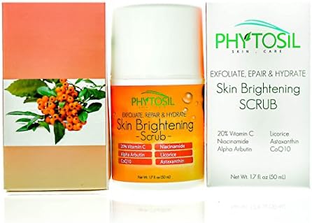20% Vitamin C Skin Brightening Scrub, Exfoliator & Cleanser with Niacinamide (Vitamin B3), 5% Alpha Arbutin, Licorice, CoQ10, Astaxanthin - For Dull Skin, Wrinkles, Dark Spots - Phytosil, 1.7 oz