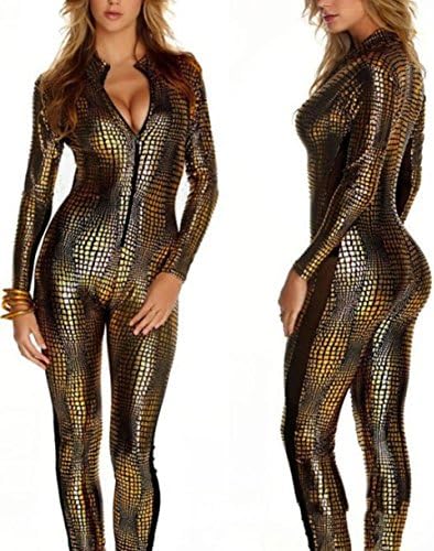 Patent Leather Jumpsuit Black gold and silver, Serpentine Catwoman Clothes, New Sexy Lingerie, Club DS Paint Suit, Skinny Dress, Party Dress -Goodful (XXL, Golden)