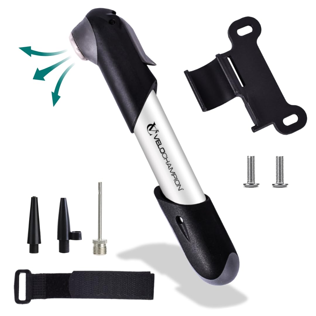 VeloChampion Mini Bike Pump with Frame Mount | Portable Compact Alloy Bicycle Pump with Frame Mount | Presta, Schrader & Dunlop Valves (Alloy 7 Pump)