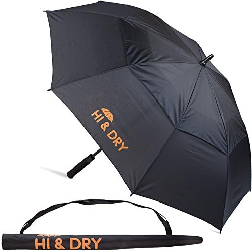 Golf Umbrella Large 48 Inches For All Purposes – Automatic Opening. Fiberglass Frame. Vented Double Canopy. Reflective Velcro Straps – Wind and Rain Resistant – Handy Shoulder Carrying Bag – Black
