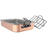 Mauviel M'Heritage M200CI 2mm Polished Copper &amp; Stainless Steel Rectangular Roasting Pan With Rack, Cast Iron Handles, 15.7 x 11.8-in, Made in France
