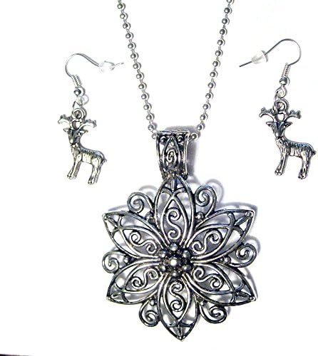 Christmas Holly Flower Silver Plated 24" Necklace w/ Reindeer Earrings Set