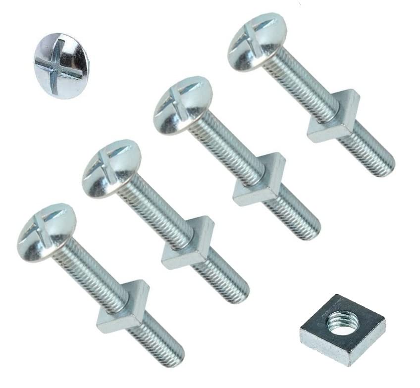 TERF® M8 X 60mm Roofing Bolt with Square Nut M8 (8mm) X 60mm Cross Slotted Mushroom Head with Square Nut - Pack of 4