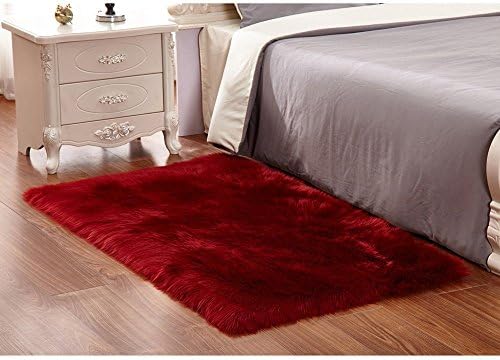 Faux Sheepskin Area Rug Faux Fur Area Rug, Soft Indoor Modern Area Rugs Fluffy Sheepskin Carpet, Soft Faux Sheepskin Pad Used As an Area Rug in Bedroom,Living Room Decor Nursery Rugs (Red wine)
