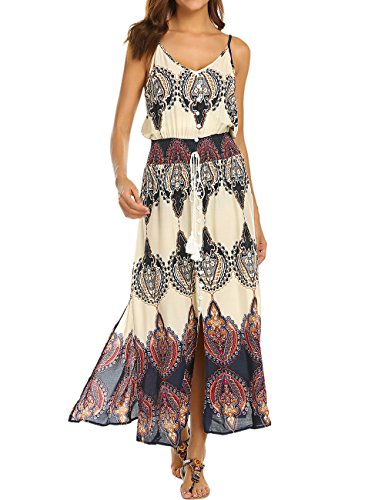 LuckyMore Women's Flattering Empire Waist Boho Bohemian Tribal Print Summer Beach Sundress with Slit Apricot XL