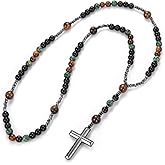 Jemant Cross Beads Necklace For Men Women Trendy Natural Tiger Eye Stone Obsidian Beaded Chain Chunky Black Cross Pendant Christ Healing Crystal Rosary Necklace Meditation Jewelry