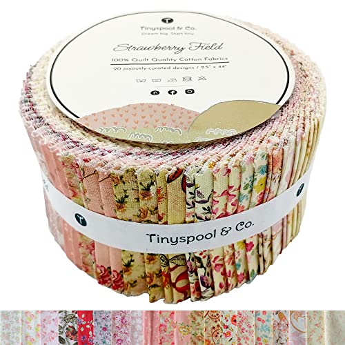 Tinyspool & Co. Jelly Roll Fabric Strips for Quilting, Crafting, and Sewing, 40 Strip Assorted Bundle, Soft Cotton for Blanket, Rug, Upholstery, Home Decor, and Purse Making, Strawberry Field