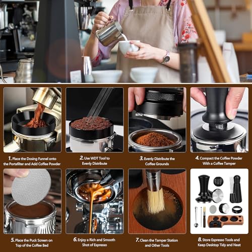TECKZOON Espresso Maker Accessories Set of 9 51mm with Tamper Station, Coffee Leveler, WDT Tool, Stirrer, Dosing Funnel, Strainer, Cleaning Brush, Spoon Clip