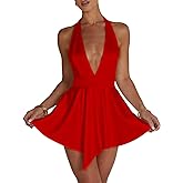 LuFeng Women's Sexy Sleeveless Halter Deep V Neck Backless Tie Back Waist Flowy Drape Satin Cocktail Mini Dress