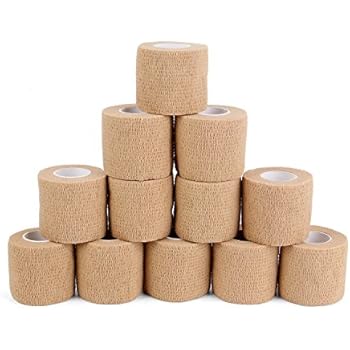 12 Bulk Pack Cohesive Tape, Self Adherent Wrap 2 Inches X 5 Yards - Self Adhesive Bandage Medical Vet Wrap for First Aid, Sports Protection and Wrist, Ankle Sprains & Swelling