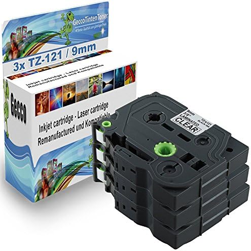 GeccoTintenToner 3x Brother P-Touch TZ Tape 121 TZ121 TZE121 TZE-121 TZE 121 TZ 121 TZ-121 9mm Black on transparentfor Brother P-Touch 1000 1010 1090 1830VP 2030VP 2100VP 2430PC