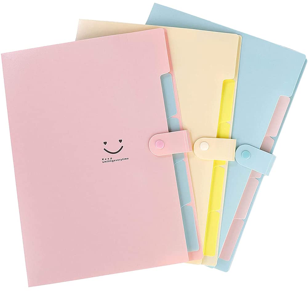 3 Pack Expanding File Folders - File Organiser Accordion Document Organizer Letter Paper Plastic File Folder 5-Pocket A4 Letter Size with Snap Closure for School Office Home Business
