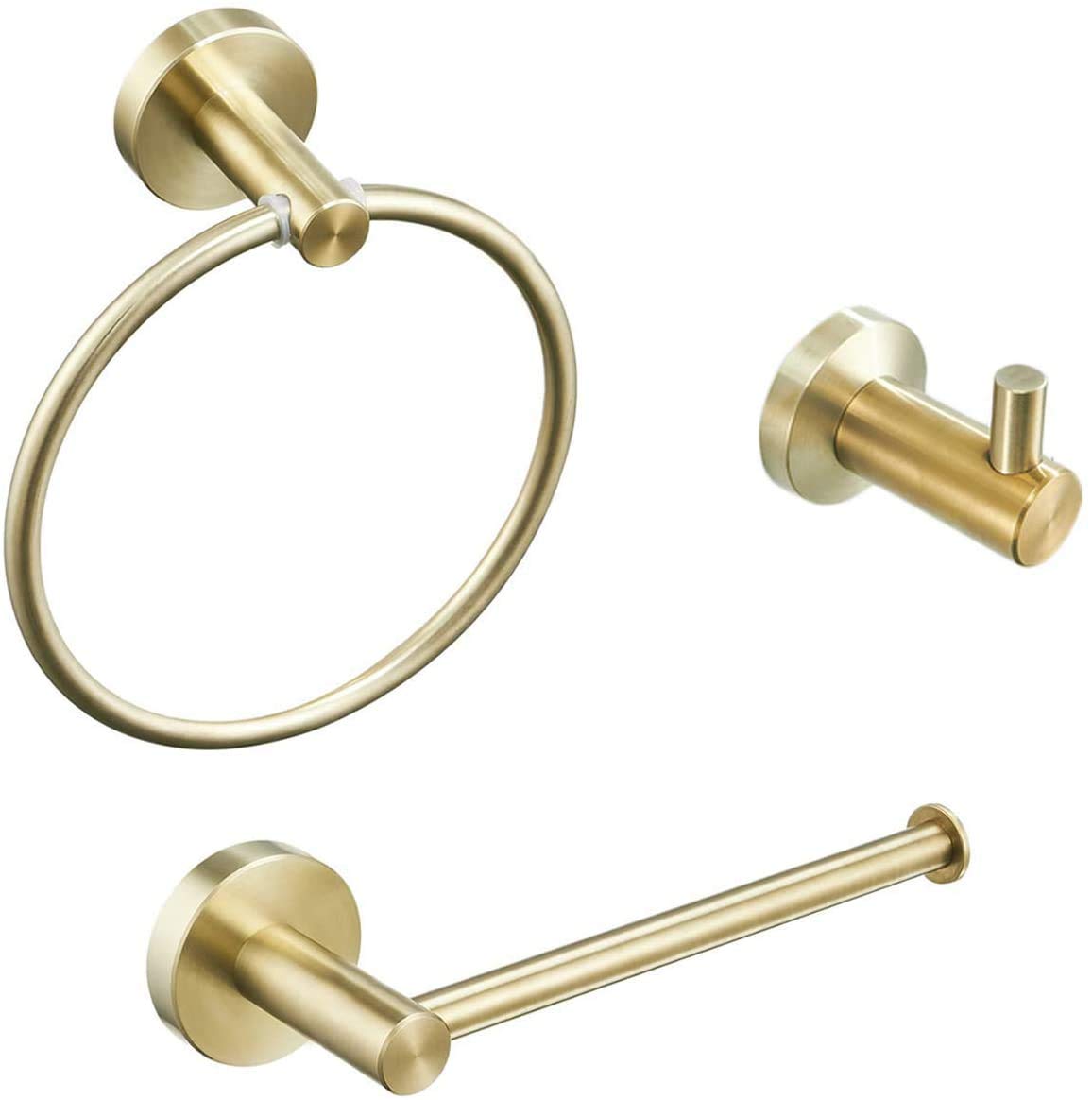 NEWRAIN Stainless Steel Bathroom Hardware Set Brushed Gold 3 Pieces Bathroom Hardware Accessories Sets Wall Mounted Double Towel Ring Towel Holder Hook Toilet Paper Holder