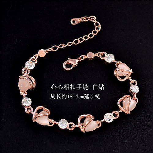 Unique Multi-Layer Artificial Opal Rose Gold Bracelet Bangle Artificial Crystal Women Girls Fashion (Heart Interlocking Bracelet - White Diamond