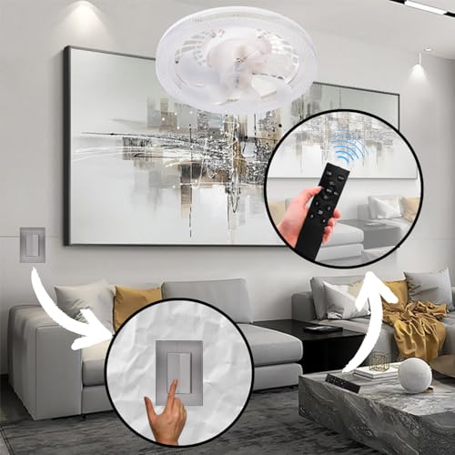 Megaluz LV34W11 Ventilador de techo con luz led y control remoto, 13", luz fría, neutra y cálida, 6 aspas desmontables, Abanico de techo enchufe E27, 4 velocidades y motor silencioso (Blanco).