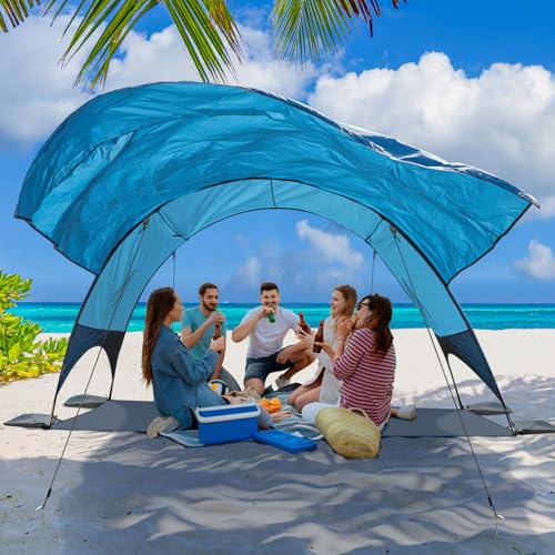 Beach Shelter with UV Protection UPF 50+ - Portable Beach Canopy & Sun Protection for Beach, 360° Ventilation, 4 Sandbags, Double Pockets, Pegs & Ropes (270 x 165 x 158 cm + 190 x 250 cm)