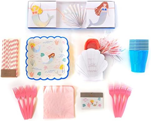 Hello Lana Meri Meri Mermaid Themed Party Supplies Kit With Straw Pack, Tattoo Kit, Shell Bags &amp; Garland - Serves 8
