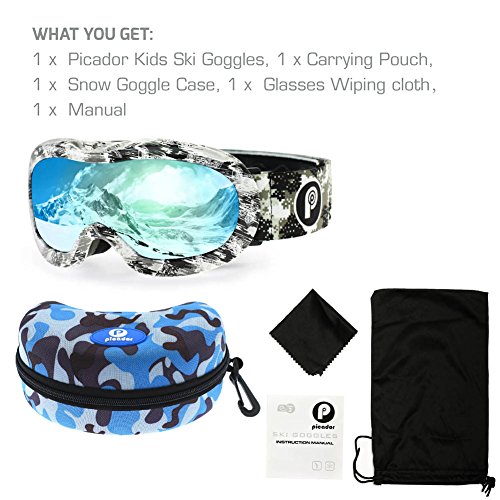 PP PICADOR Kids Ski Goggles, Kid Snow Snowboard Goggles for Boys Girls 4-7 with Over Glasses OTG Design Anti-Fog Lens 100% UV Protection Helmet Compatible(Gray)