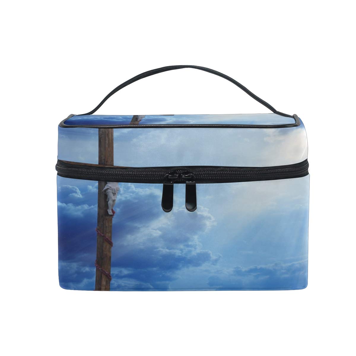 Makeup Bag Wooden Cross Sky Cosmetic Bag Travel Toiletry Bag Cosmetic Train Case Makeup Tote Make-Up Organizer Box Storage With Mesh Bag Brush Holder for Women Kids Men Girls