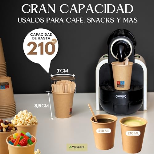 VERUPORE 210ml Disposable Coffee Cups with Wooden Sticks | Pack of 100 | BPA Free Heavy Duty Kraft Paper Cups, Suitable for Hot and Cold Drinks