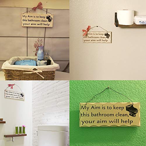 Bathroom Wall Plaque Sign, 4X10 Decorative Hanging Wood Sign for Bathroom My Aim Is To Keep the Bathroom Clean Your Aim Will Help Wooden Sign