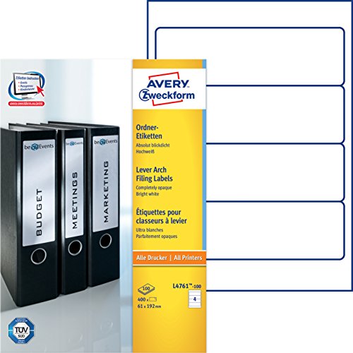 AVERY ZweckformL4761-100 Folder Labels for Wide Folders Short e.g. for Leitz Elba Mehle Bene Biella 192 x 61 mm 100 Sheets