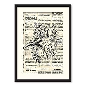 Black Paper Framed Canvas Wall Art for Living Room, Bedroom Animals or Plants Pop Up Vintage Newspaper Backgroud Canvas Prints for Home Decoration Ready to Hanging - 23x31 inches