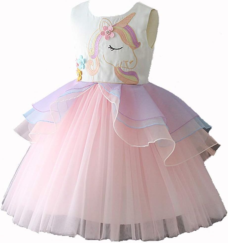 Girls Princess Unicorn Tutu Costume Dress Dancing Tulle Summer Sleeveless Cosplay Birthday Party Fancy up Dress (Pink, 9 - 10 years)