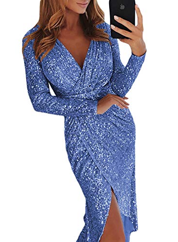 Elapsy Womens Ladies Sexy Elegent V Neck Long Sleeve Sequins Wrapped Ruched Irregular Party Cocktail Club Dress Outfit Blue