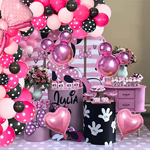 TERRIFI Pink Mouse Color Balloon Garland Kit, 116 Pcs Pink Black Polka Dot Balloon Arch with Bow Foil Balloons for Girls Kids Pink Mouse Theme Birthday Baby Shower Decorations