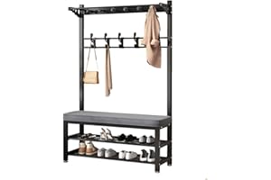 Coat Rack Shoe Bench, Hall Tree with Bench and Leather Cushion, Free Standing Coat Stand with Hanging Bar, Dual Hooks, Coat a